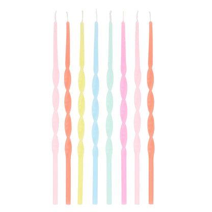 Meri Meri twisted birthday candles in pink, coral, yellow, pale blue and mint