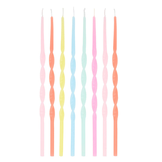 Meri Meri twisted birthday candles in pink, coral, yellow, pale blue and mint