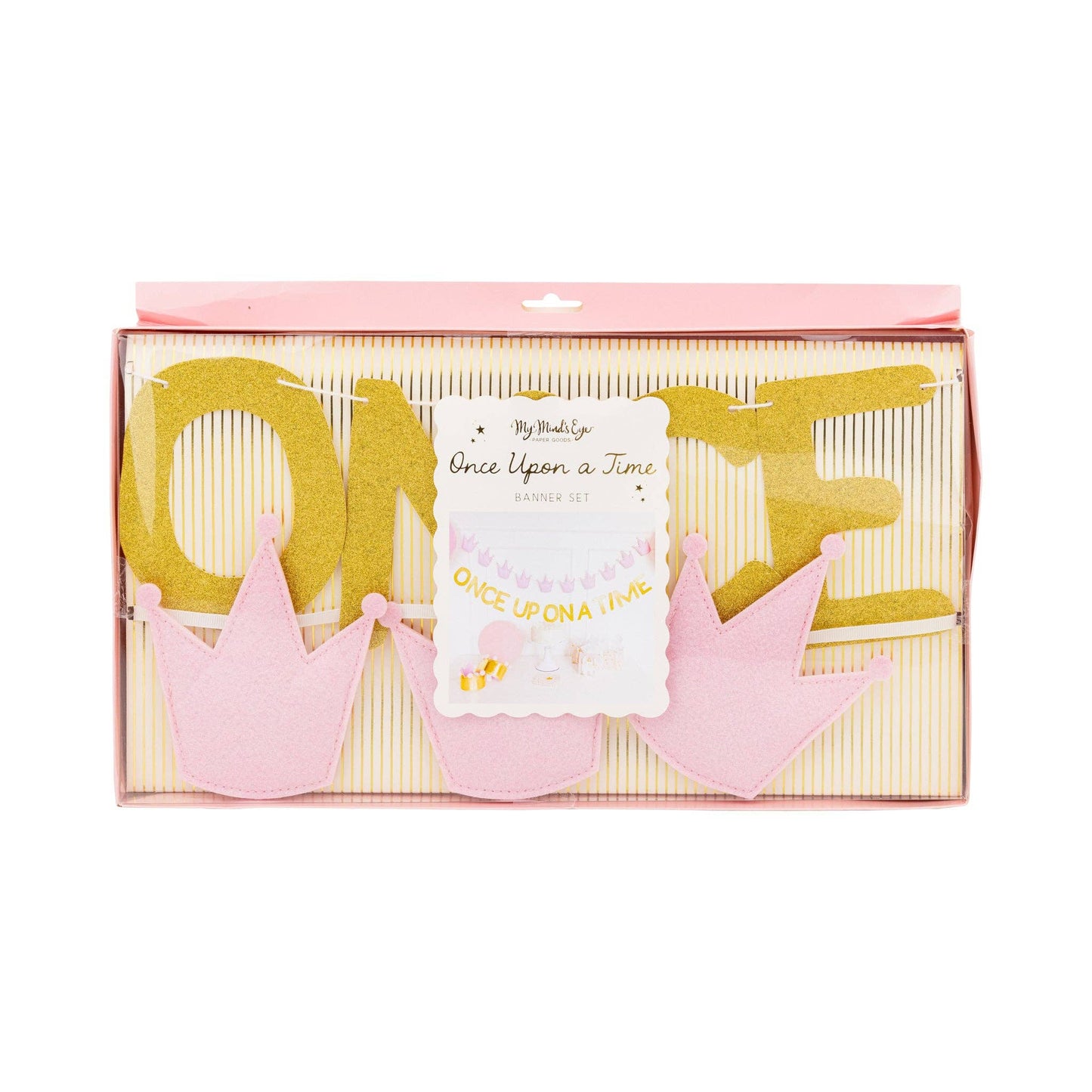 Once Upon A Time banner set packaging with gold letters and pink crowns, available in Toronto and shipping across Canada