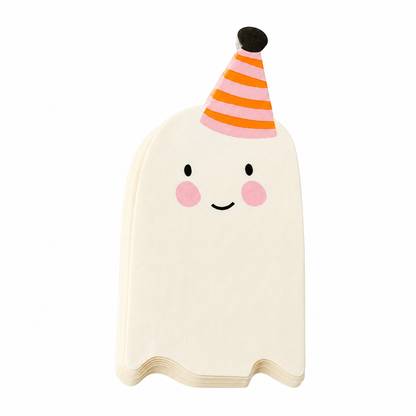 A cute ghost-shaped paper napkin featuring a smiling face with pink cheeks and an orange and pink striped party hat, set against a plain white background.