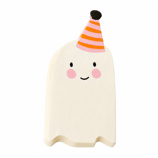 A cute ghost-shaped paper napkin featuring a smiling face with pink cheeks and an orange and pink striped party hat, set against a plain white background.