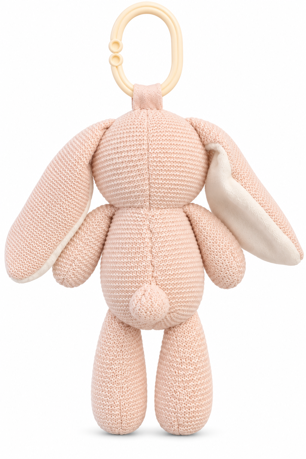 Back view of blush pink knitted bunny stroller plush toy showing its long floppy ears, little bunny tail and ivory attachment ring.