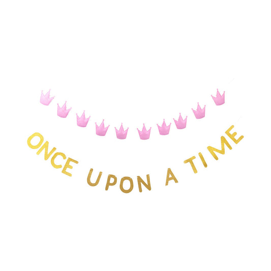 Once Upon A Time princess banner with gold lettering and pink crown garland, available in Toronto and shipping across Canada