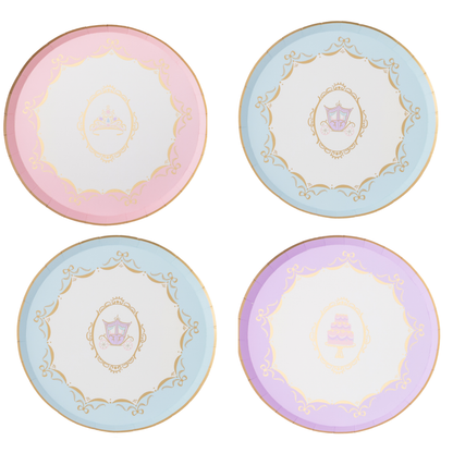 Parisian Princess paper plates in pink, blue and lavender with tiara, carriage and cake designs and gold foil details