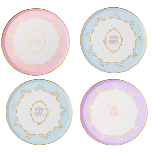 Parisian Princess paper plates in pink, blue and lavender with tiara, carriage and cake designs and gold foil details
