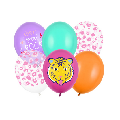mixed balloon pack with cheetah pint, teal, orange, purple and pink balloons