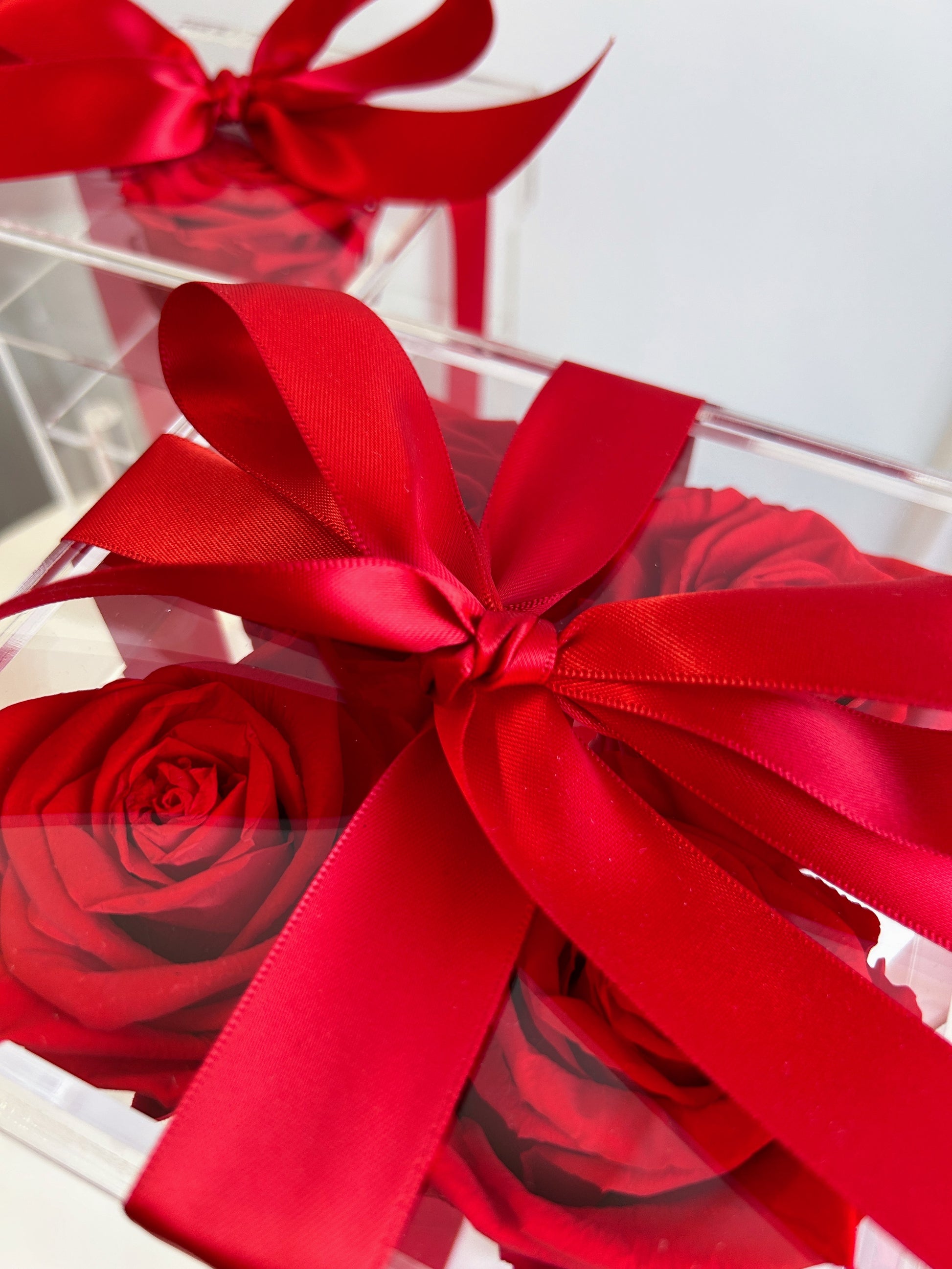 Gift-ready Acrylic Luxe Rose Box with preserved red roses and red bow, available in Toronto.