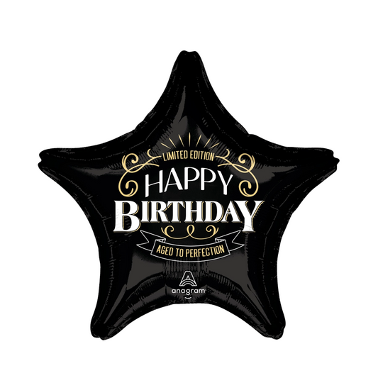 jumbo black star ' happy birthday'- aged to perfection foil balloon