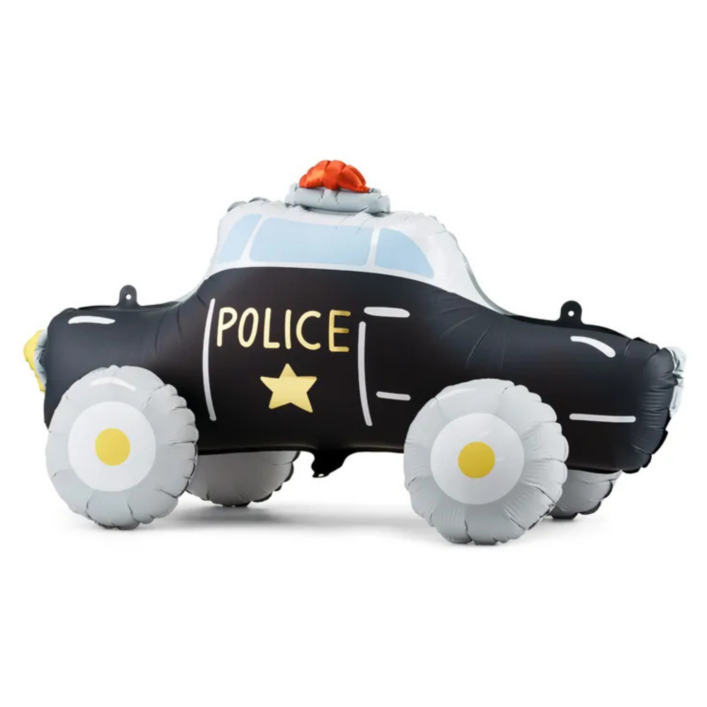 Black and white air-filled police car foil balloon with yellow star, perfect for Toronto birthday parties and themed events.