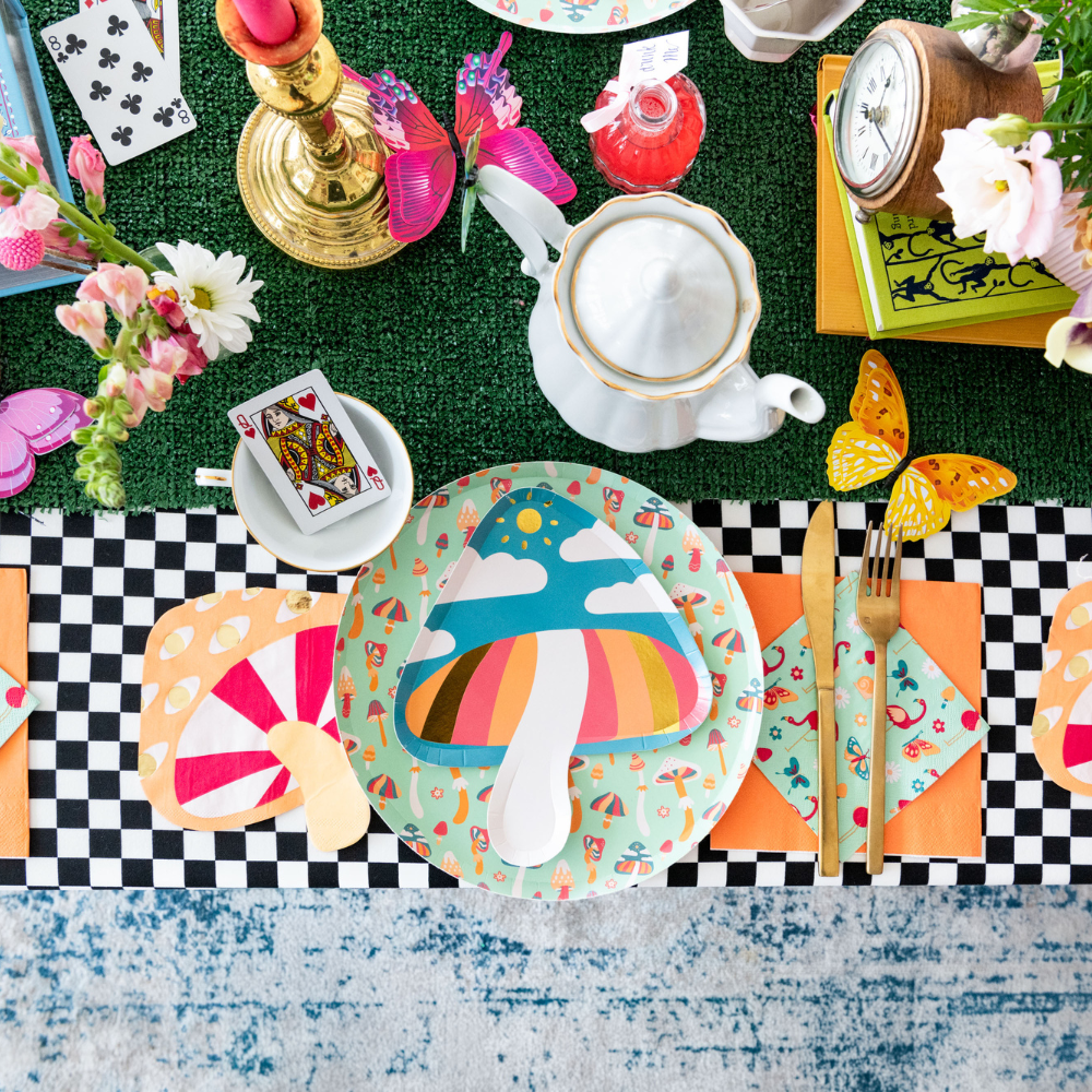 Alice in Wonderland inspired dinner plates and napkins with colourful mushroom designs, available in Toronto and shipping across Canada