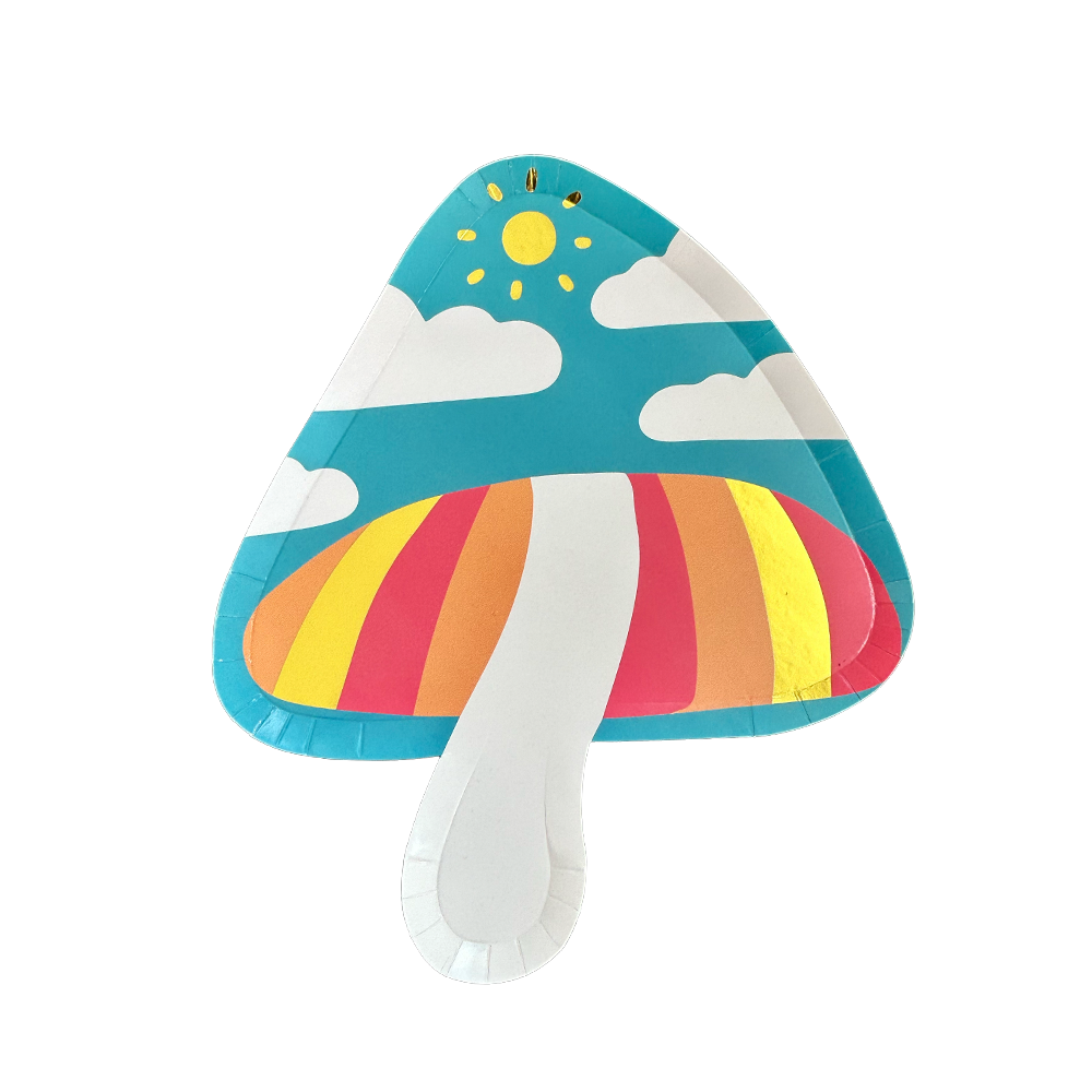 Alice mushroom-shaped dessert plate with rainbow stripes and whimsical design, perfect for parties in Toronto.