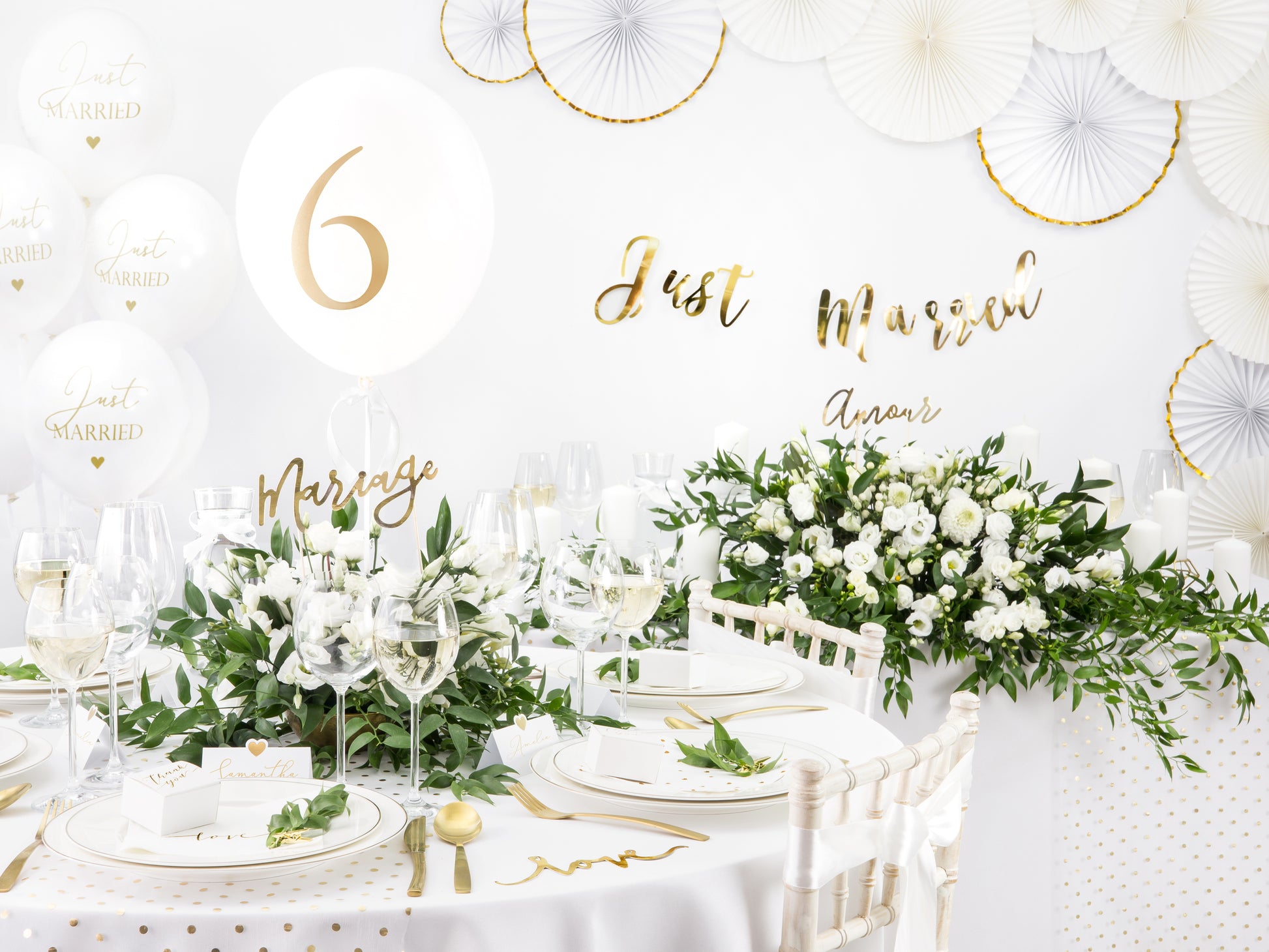 all white and gold celebration party supplies
