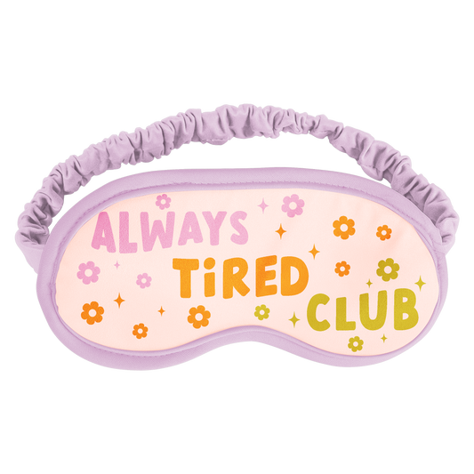 Purple 'Always Tired Club' sleeping mask with retro floral design and soft microfiber, ideal for relaxation in Toronto.
