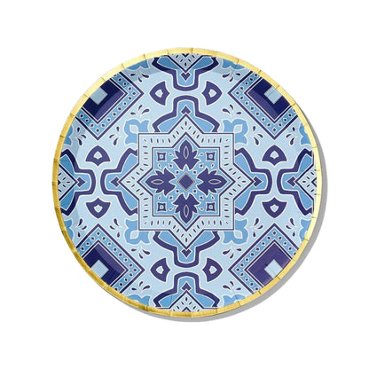 Amalfi Blues large paper plate with blue and white Italian-tile inspired pattern and gold foil edge, available in Toronto and shipping across Canada
