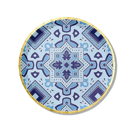 Amalfi Blues large paper plate with blue and white Italian-tile inspired pattern and gold foil edge, available in Toronto and shipping across Canada