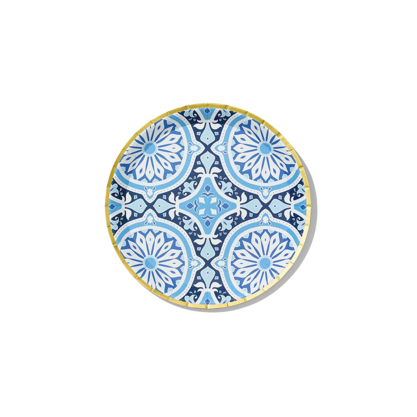 Amalfi Blues small paper plates with blue and white Italian‑tile inspired pattern and gold foil rim, available in Toronto and shipping across Canada
