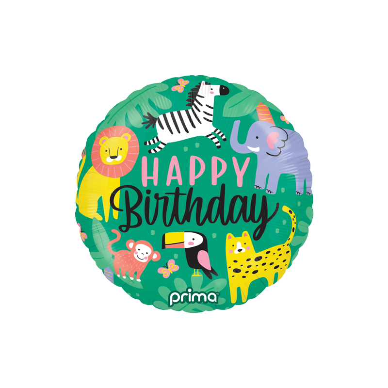 Round Animal Happy Birthday foil balloon featuring jungle animals like lion, zebra, elephant, and toucan, available in Toronto and shipping across Canada