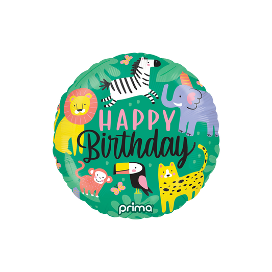 Round Animal Happy Birthday foil balloon featuring jungle animals like lion, zebra, elephant, and toucan, available in Toronto and shipping across Canada