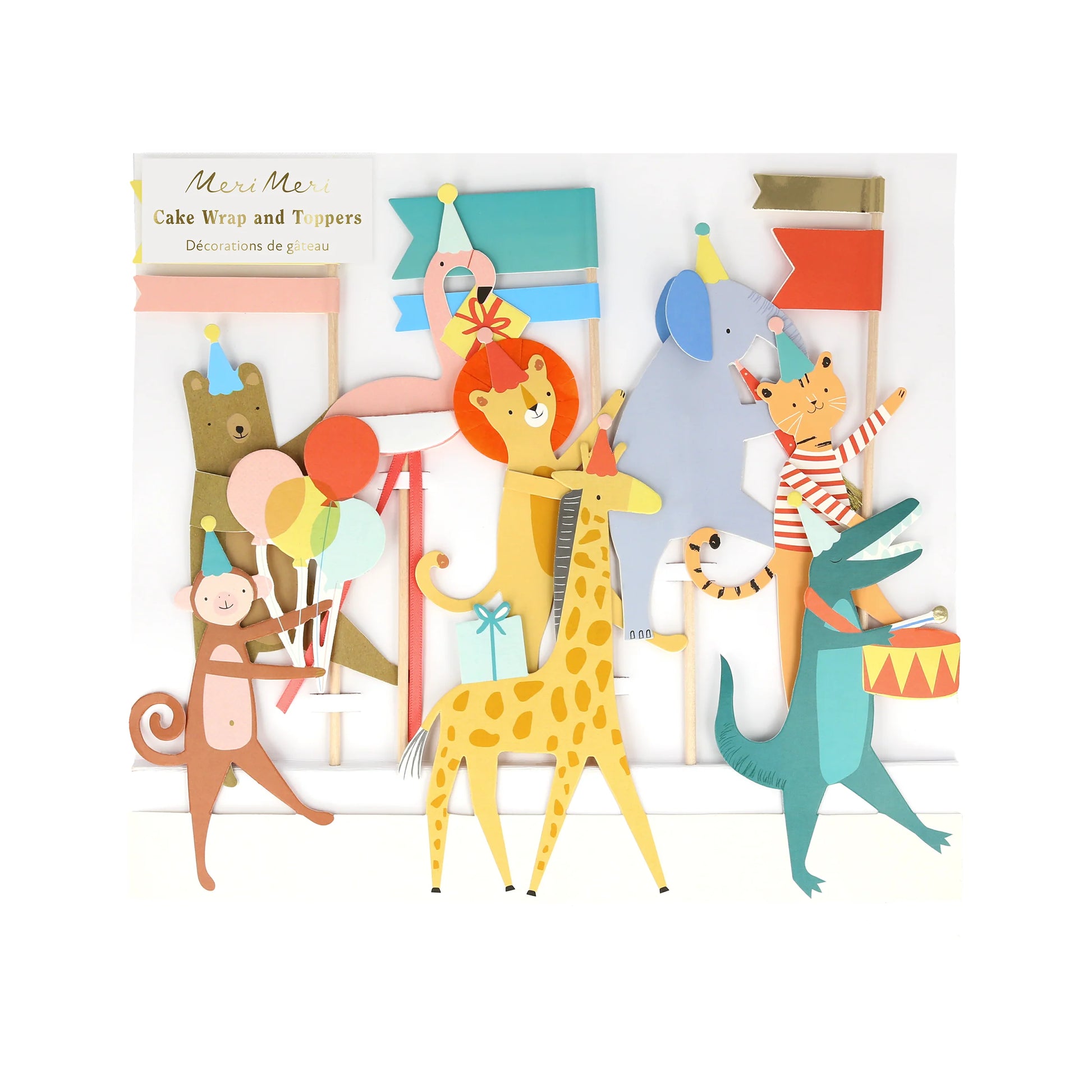 animal parade cake toppers featuring a bear, flamingo, elephant, lion, giraffe, tiger, monkey and aligator playing instruments, holding balloons and wearing party hats sold in Toronto, ships Canada wide.