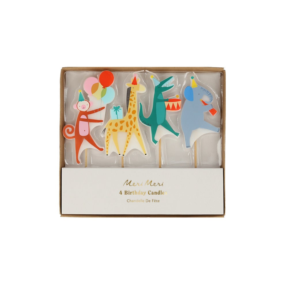 Animal Parade candles by Meri Meri featuring monkey, giraffe, elephant, crocodile on wooden sticks, available in Toronto and shipping across Canada