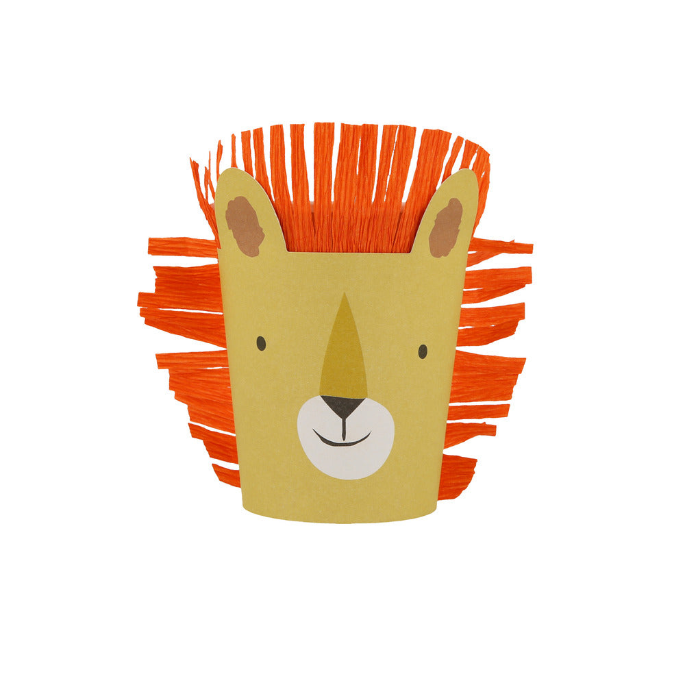Close‑up of Animal Parade Character Cup featuring a lion face with orange fringe hair, ideal for charming party setups in Toronto, ships Canada wide 