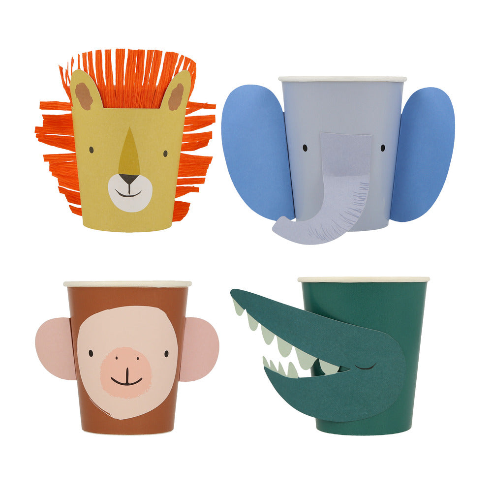 Animal Parade Character Cups set by Meri Meri featuring 3D monkey, elephant, crocodile and lion designs, available in Toronto and shipping across Canada