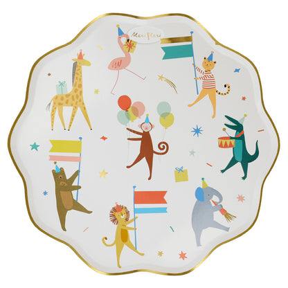 Animal Parade dinner plate by Meri Meri with scalloped edge, safari animal illustrations, and gold foil detail, available in Toronto and shipping across Canada