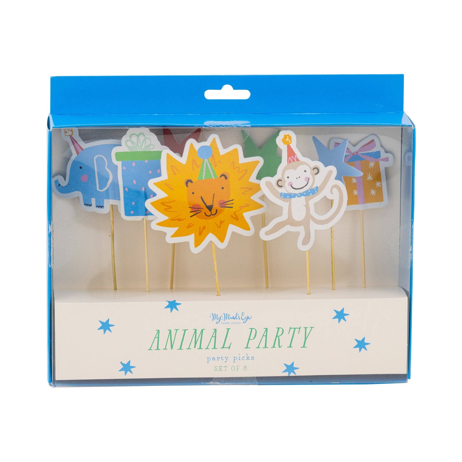 Animal party cake toppers sold in Toronto at our party shop, featuring lion, elephant, and monkey designs. Fast shipping Canada-wide.