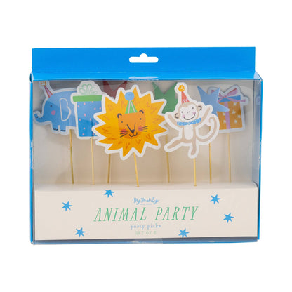 Animal party cake toppers sold in Toronto at our party shop, featuring lion, elephant, and monkey designs. Fast shipping Canada-wide.