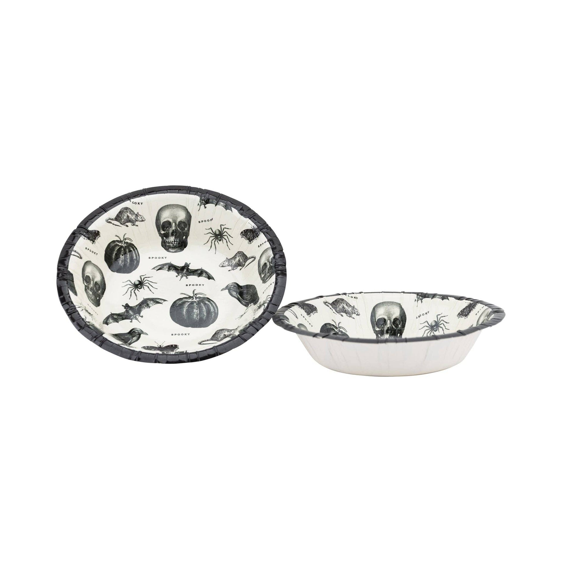 Two Halloween-themed bowls with skull and pumpkin designs on a white background