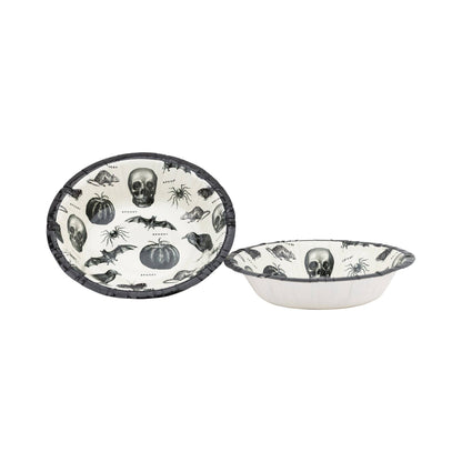 Two Halloween-themed bowls with skull and pumpkin designs on a white background
