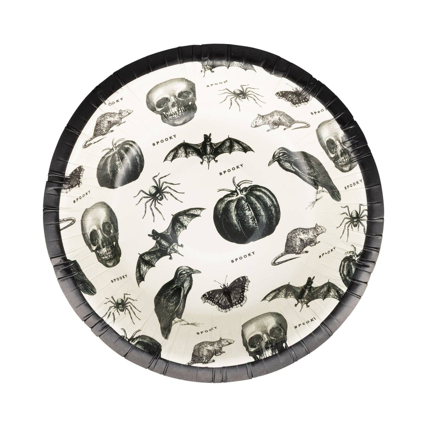 Halloween-themed paper bowls with black border featuring skulls, pumpkins, bats, and rats on a white background.
