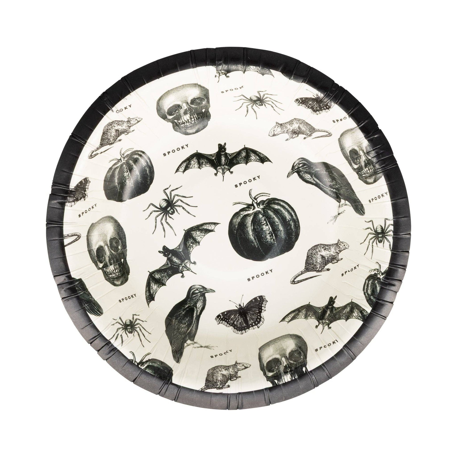 Halloween-themed paper bowls with black border featuring skulls, pumpkins, bats, and rats on a white background.