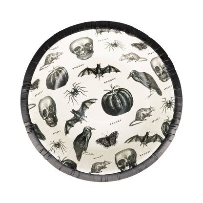 Halloween-themed paper bowls with black border featuring skulls, pumpkins, bats, and rats on a white background.
