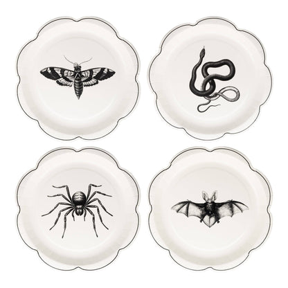 Four white plates with black illustrations of a moth, snake, spider, and bat on a white background.