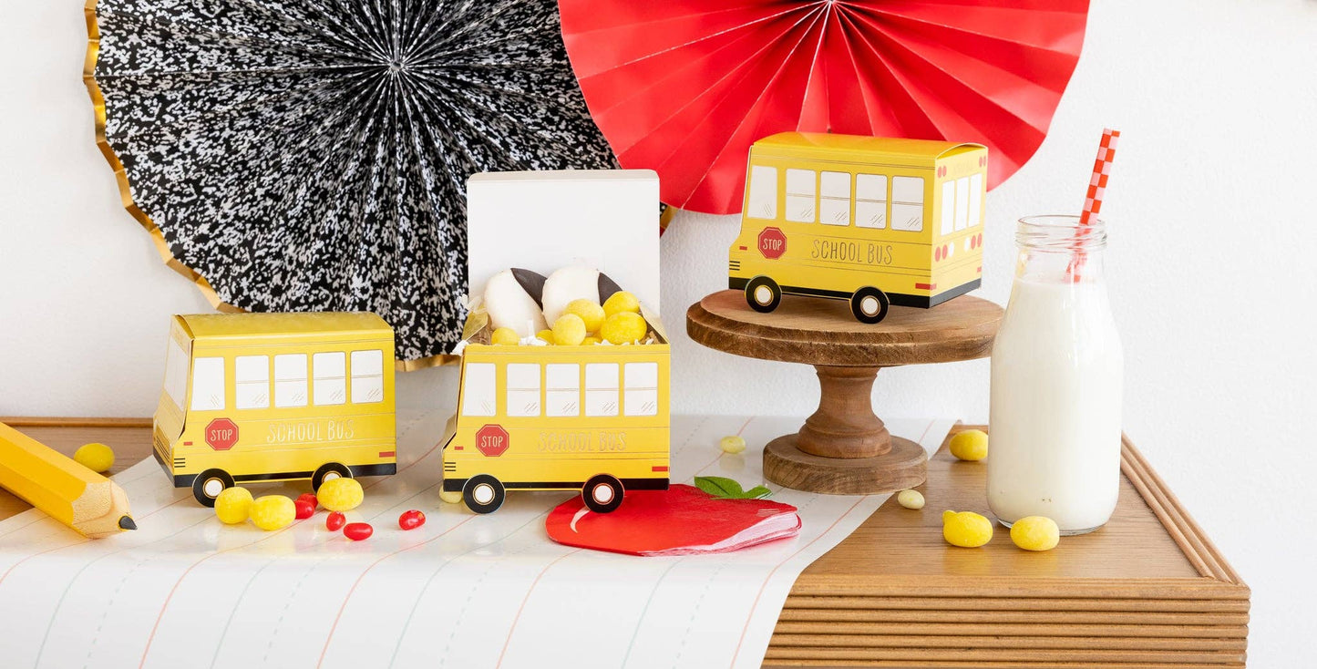 apple shaped paper napkins with school bus snack boxes
