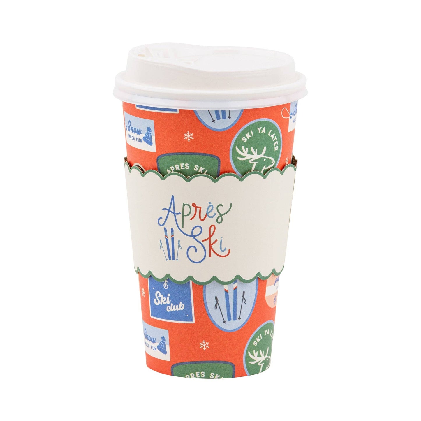 Colourful paper to - go cup with ski-themed designs on a white background