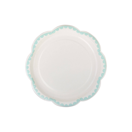 Aqua and white scalloped paper plate with striped border, perfect for stylish Toronto parties.