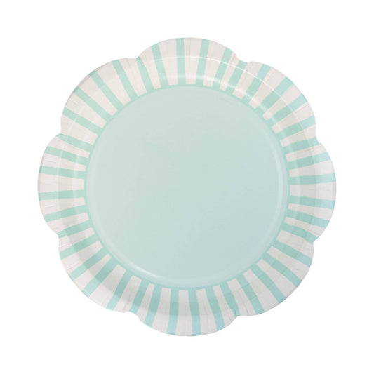 Aqua and white scalloped paper plate with striped border, ideal for baby shower celebrations and picnics. Sold in Toronto and ships Canada wide.