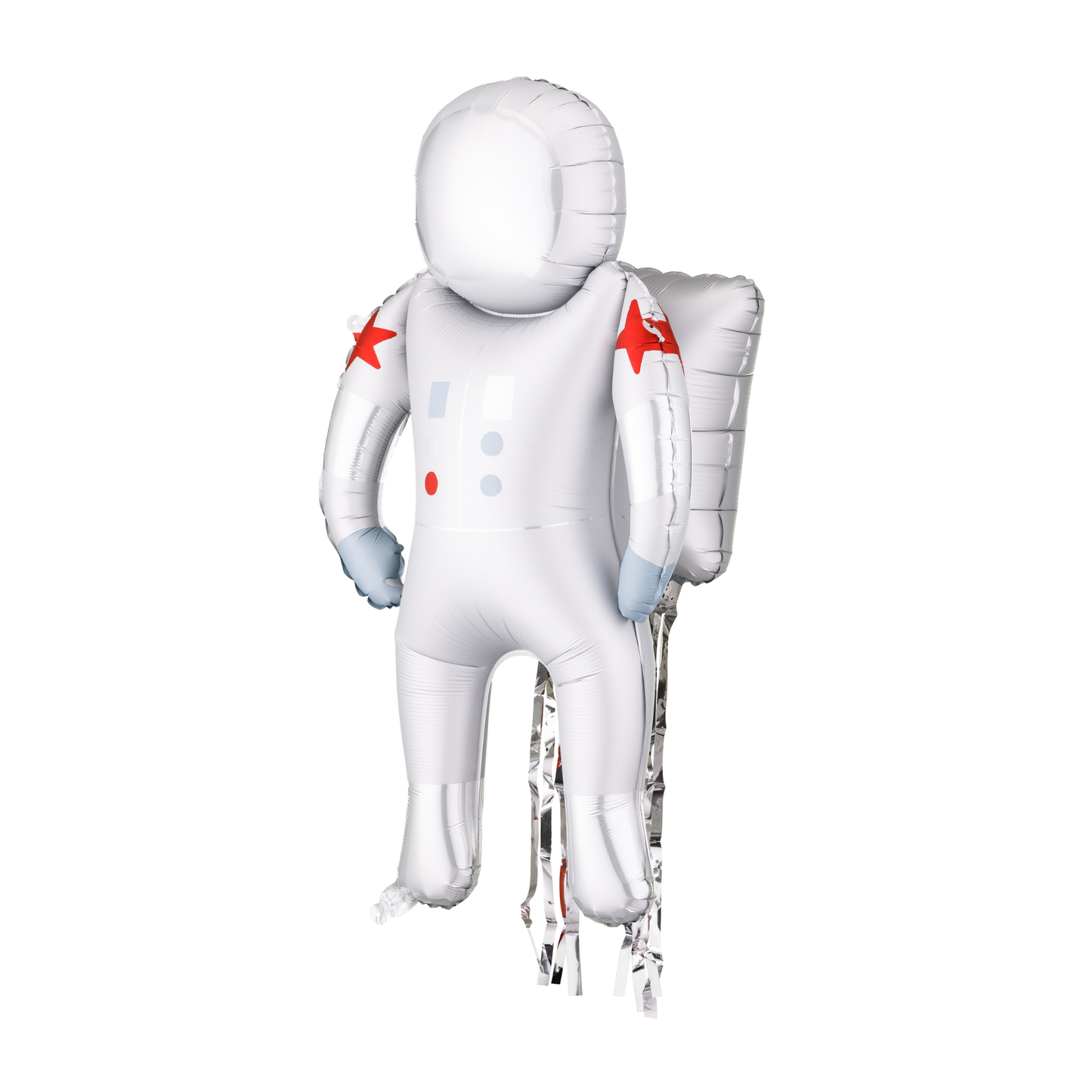 Silver astronaut foil balloon with red star details, perfect for space-themed kids’ parties available in Toronto and shipping across Canada.