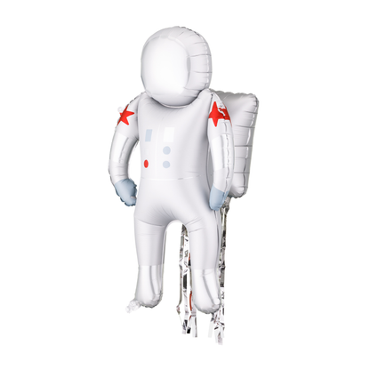 Silver astronaut foil balloon with red star details, perfect for space-themed kids’ parties available in Toronto and shipping across Canada.