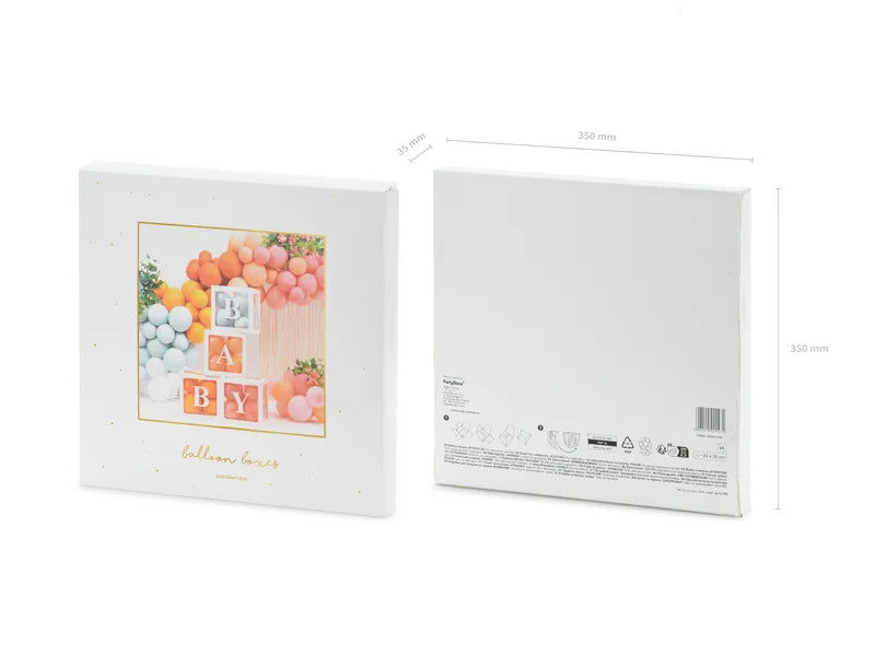 Product packaging for BABY balloon boxes with image of balloon-filled display, ideal for baby showers, available in Toronto and shipping across Canada.