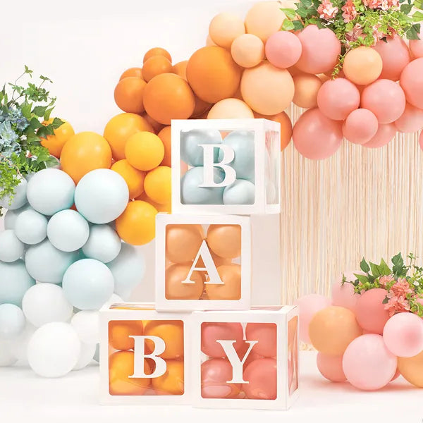 BABY balloon boxes filled with colourful peach, orange, and blue balloons, styled for a baby shower backdrop in Toronto.