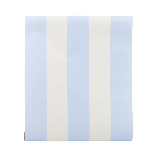 Light blue and white striped table runner with wide bands, perfect for Toronto baby showers and celebrations.