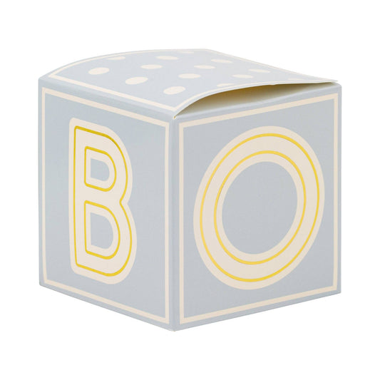 Single blue baby block treat box with white lettering and gold accents, perfect for Toronto baby showers.