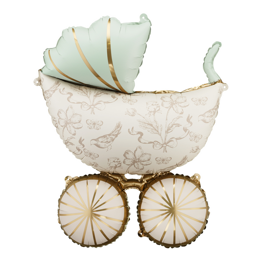Baby Carriage foil balloon with floral print, ideal for baby showers and newborn celebrations, ships across Canada.