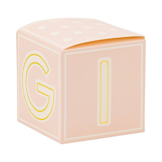 Pink baby girl block treat boxes with gold lettering, perfect for Toronto baby showers or gender reveals.