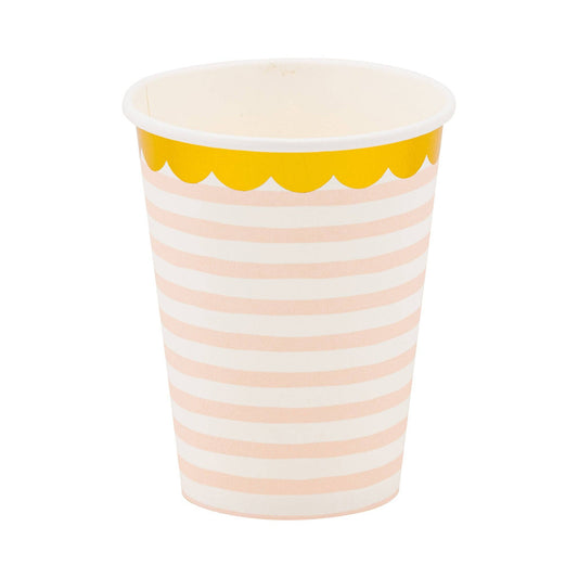 Light pink and white striped paper cup with metallic gold scalloped rim, available at Toronto party boutique.
