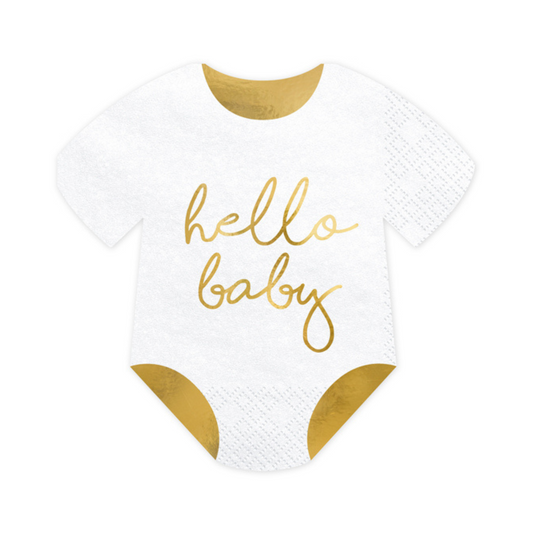'hello baby' romper napkins - white and gold 