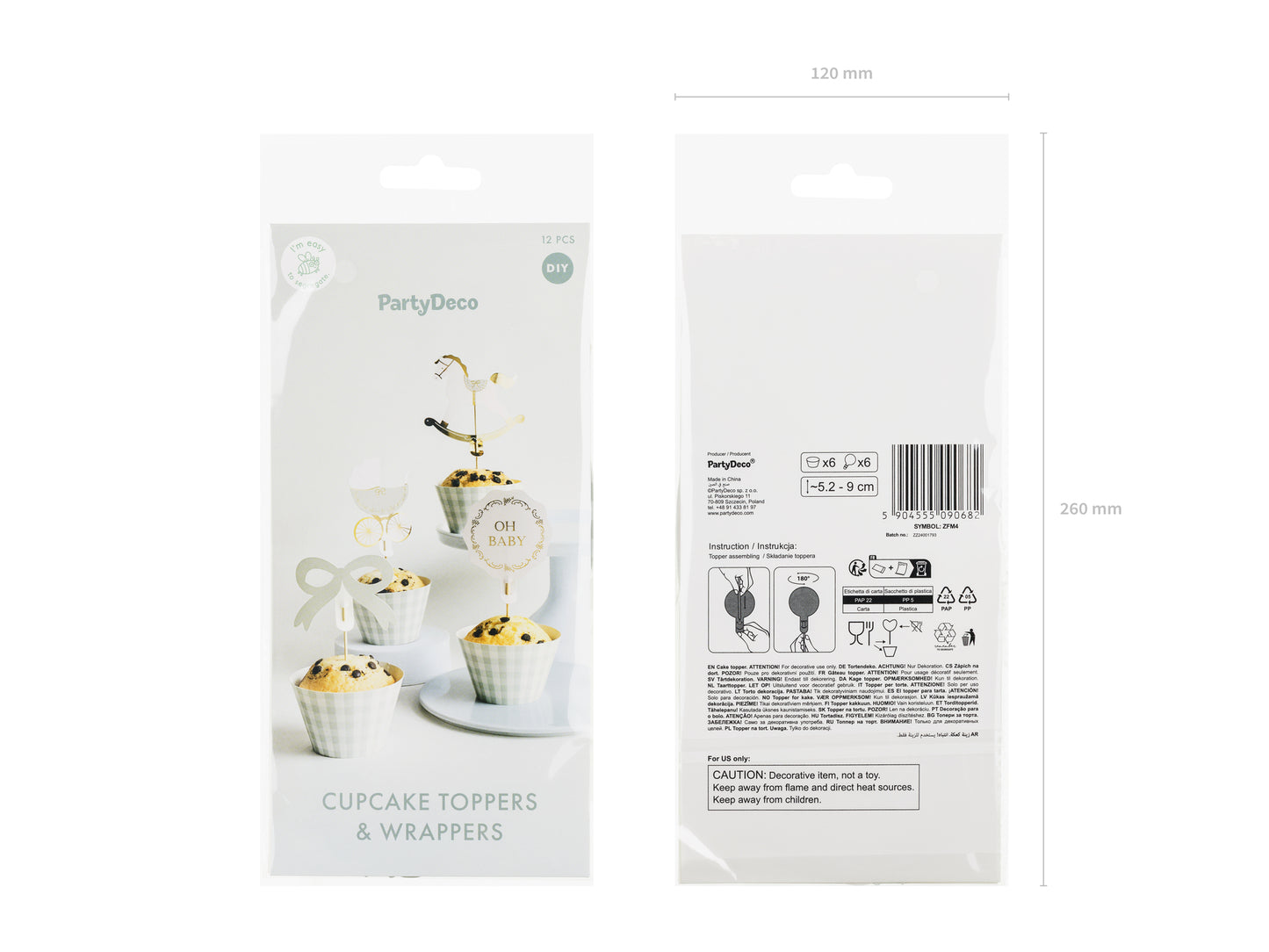 Party Deco cupcake toppers and wrappers packaging with product display on a white background